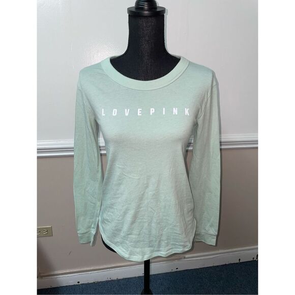 PINK Victoria’s Secret Long Sleeve Logo Mint Green Tee - Picture 1 of 4
